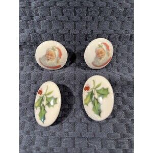 Christmas  Vintage Colorful Painted Glazed Ceramic Button Earrings Post Backs